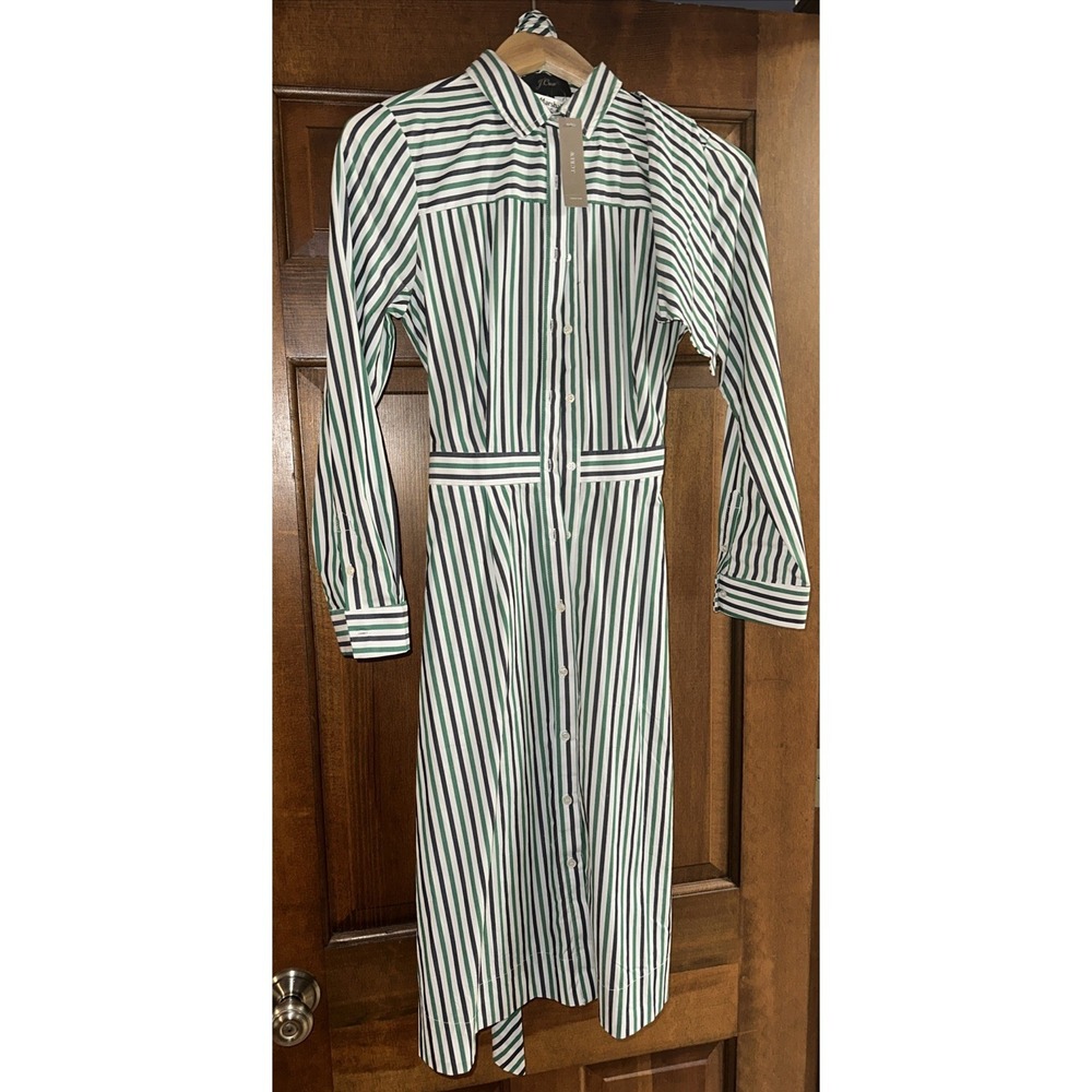 J.Crew Women's 2 NWT Navy White Green Striped Belted Midi Shirt Dress Preppy